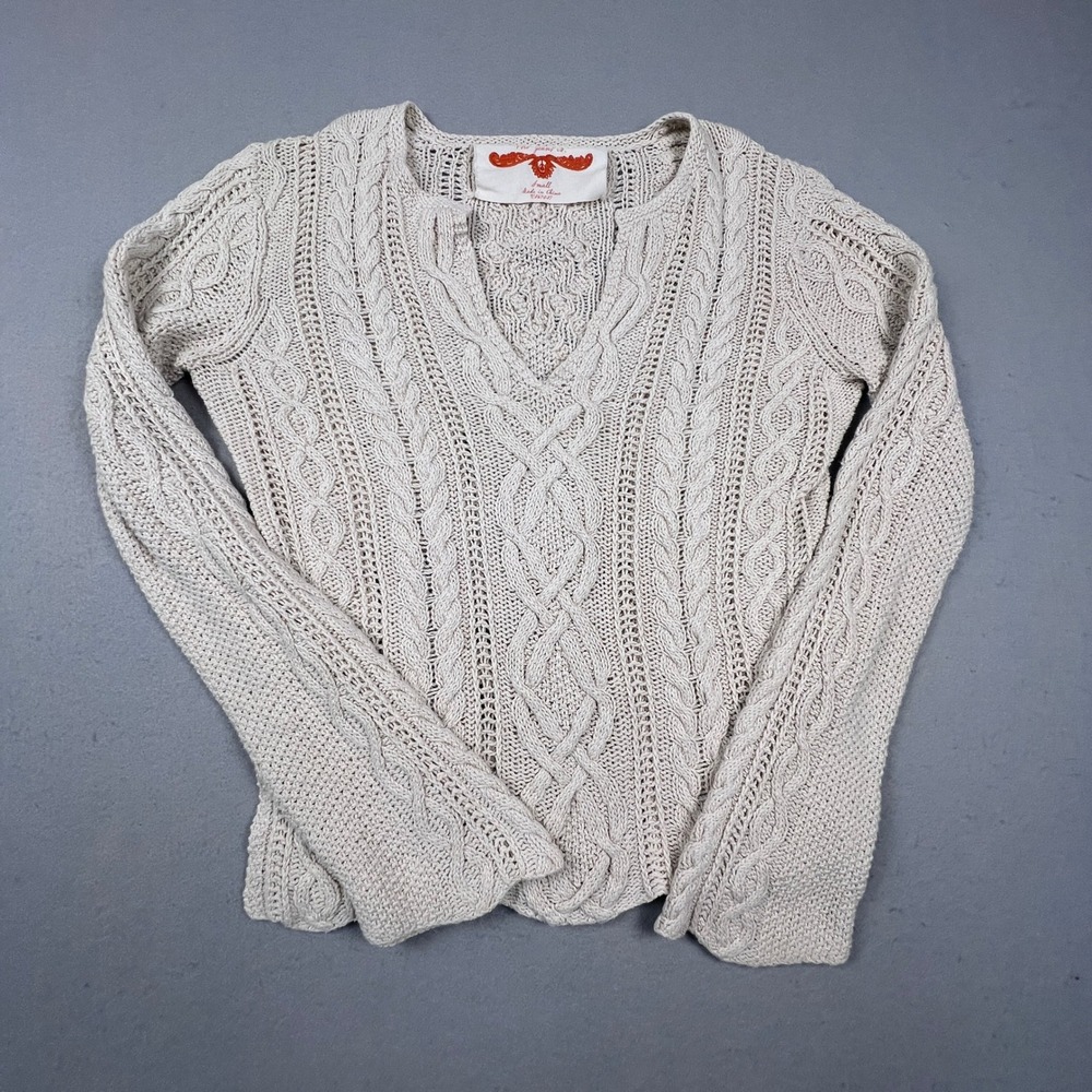 Polo Jeans Co Cable Knit Sweater Womens Small Cream V-Neck Pointelle Cottagecore